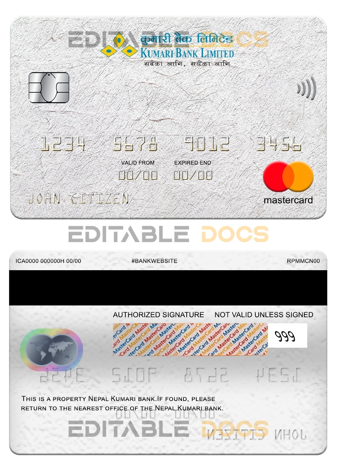 Fillable Nepal Kumari bank mastercard Templates | Layer-Based PSD