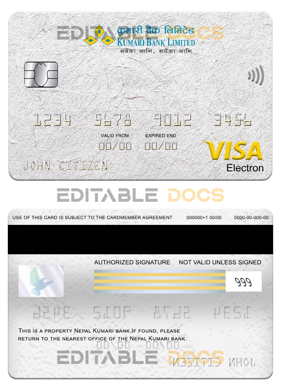 Editable Nepal Kumari bank visa electron card Templates in PSD Format