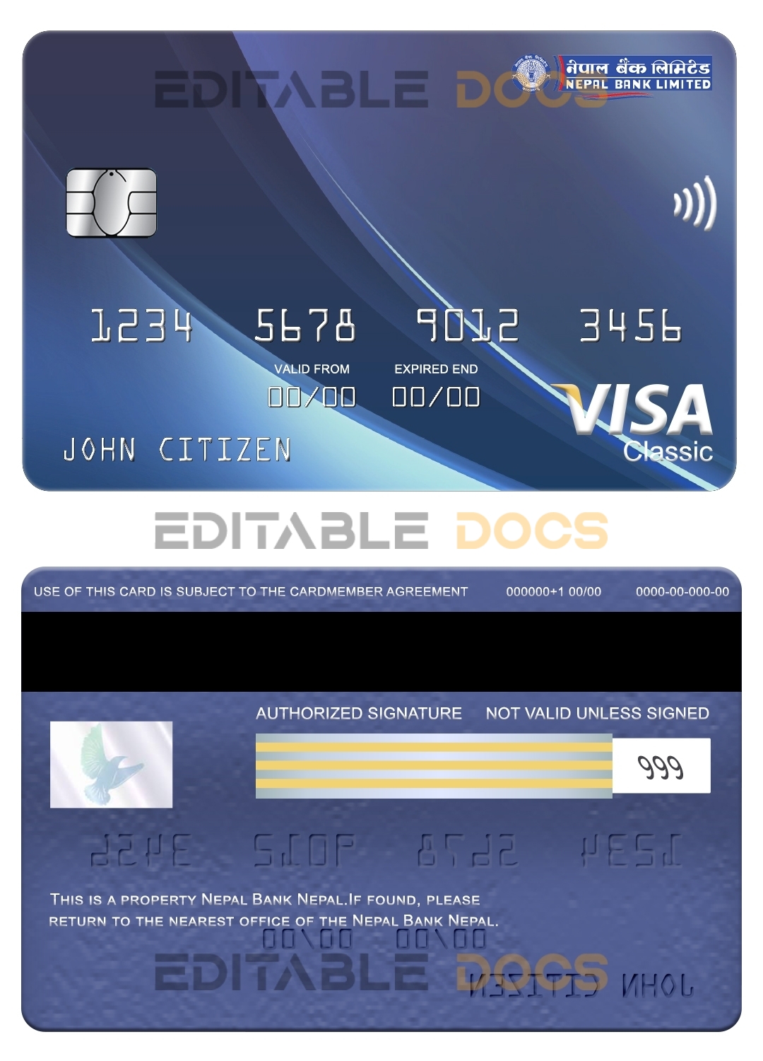 Editable Nepal bank Nepal visa classic card Templates in PSD Format