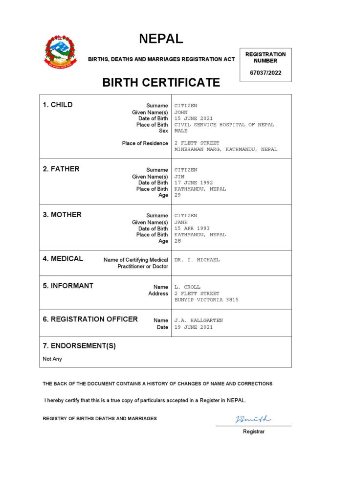 Nepal birth certificate Word and PDF template, completely editable