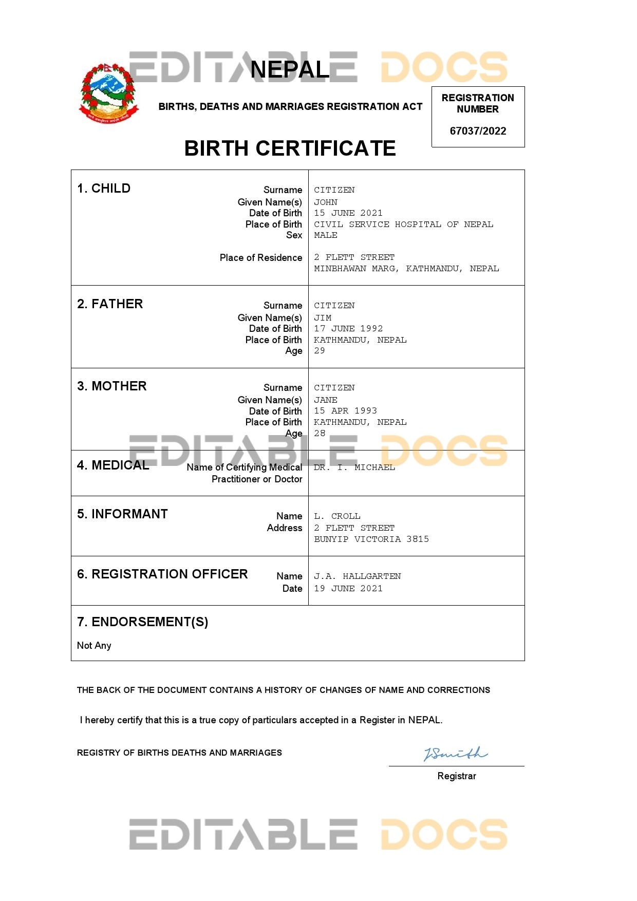 Authentic Nepal Birth Certificate Template | Customize and Download Online