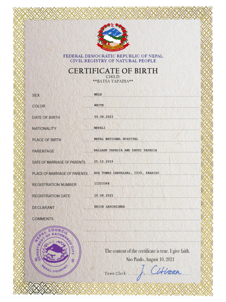 Authentic Nepal Birth Certificate Template | Customize and Download Online