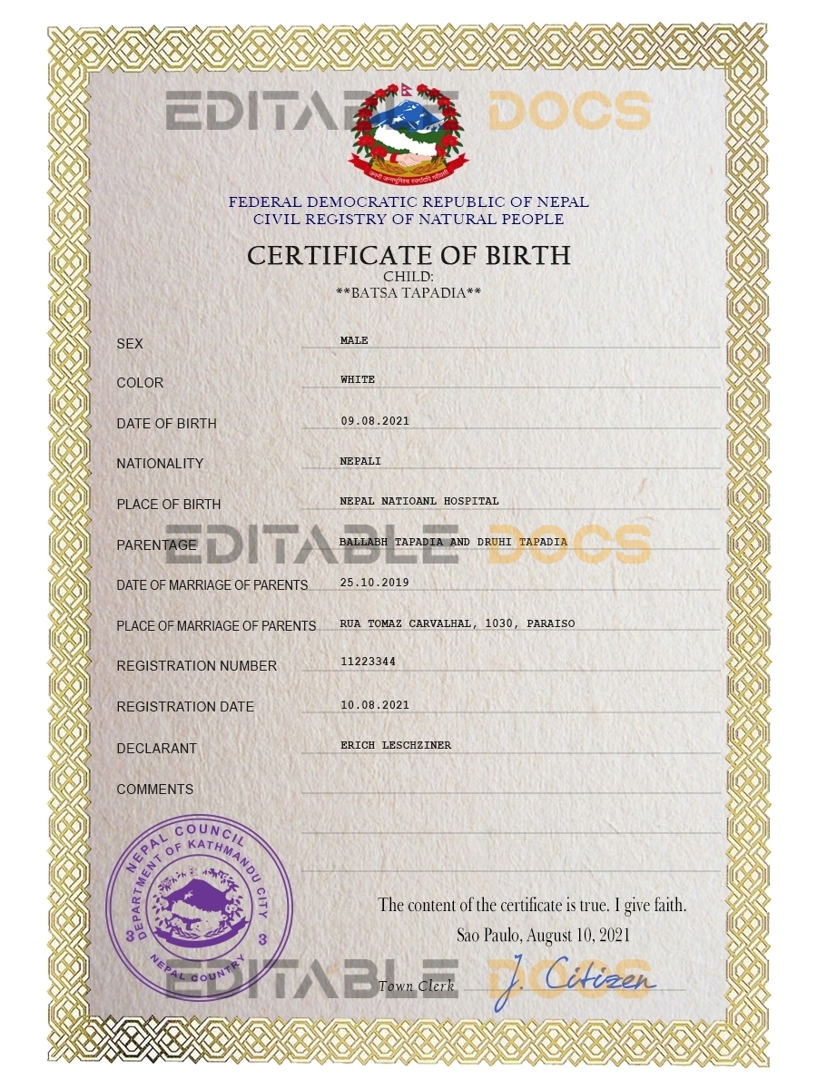 Authentic Nepal Birth Certificate Template | Customize and Download Online