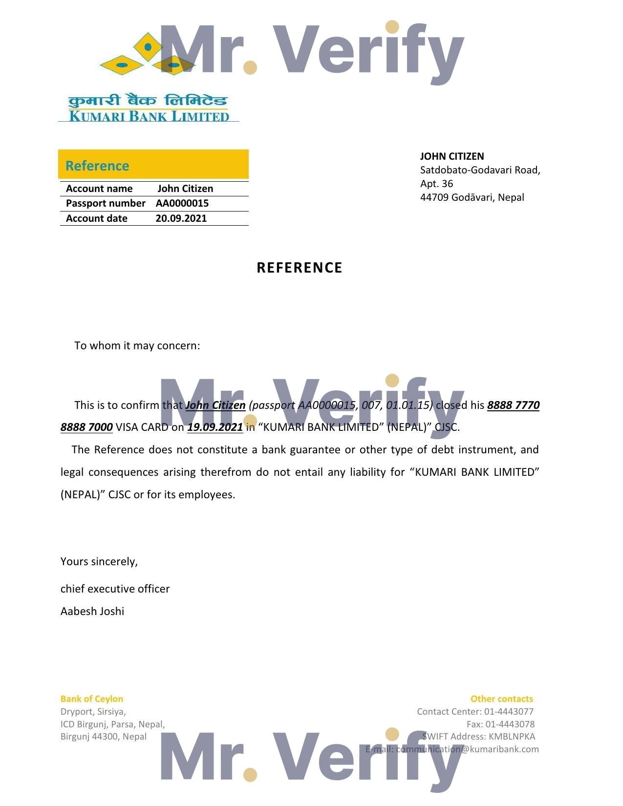 Download Nepal Kumari Bank Reference Letter Templates | Editable Word