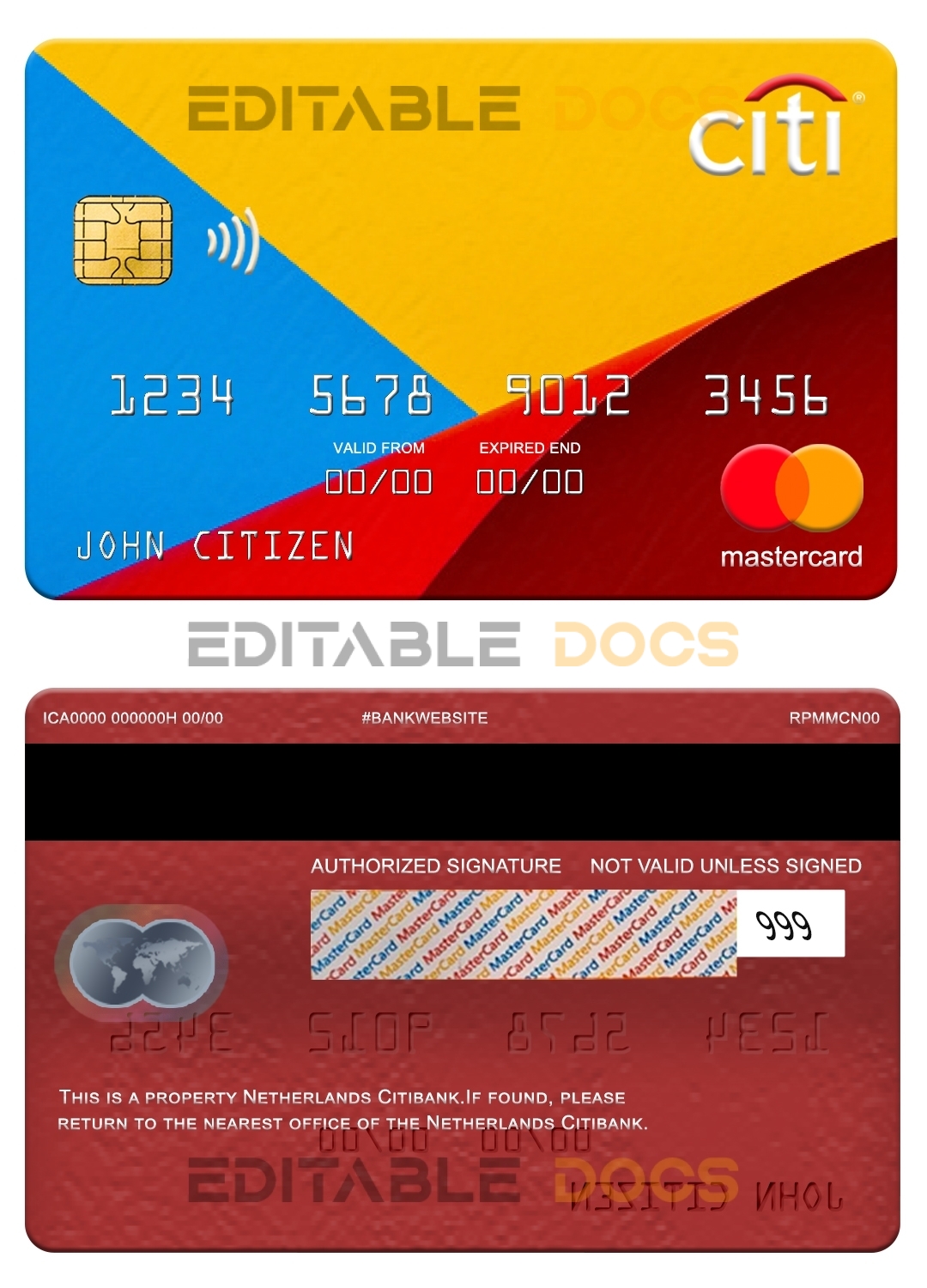 Fillable Netherlands Citibank mastercard Templates | Layer-Based PSD
