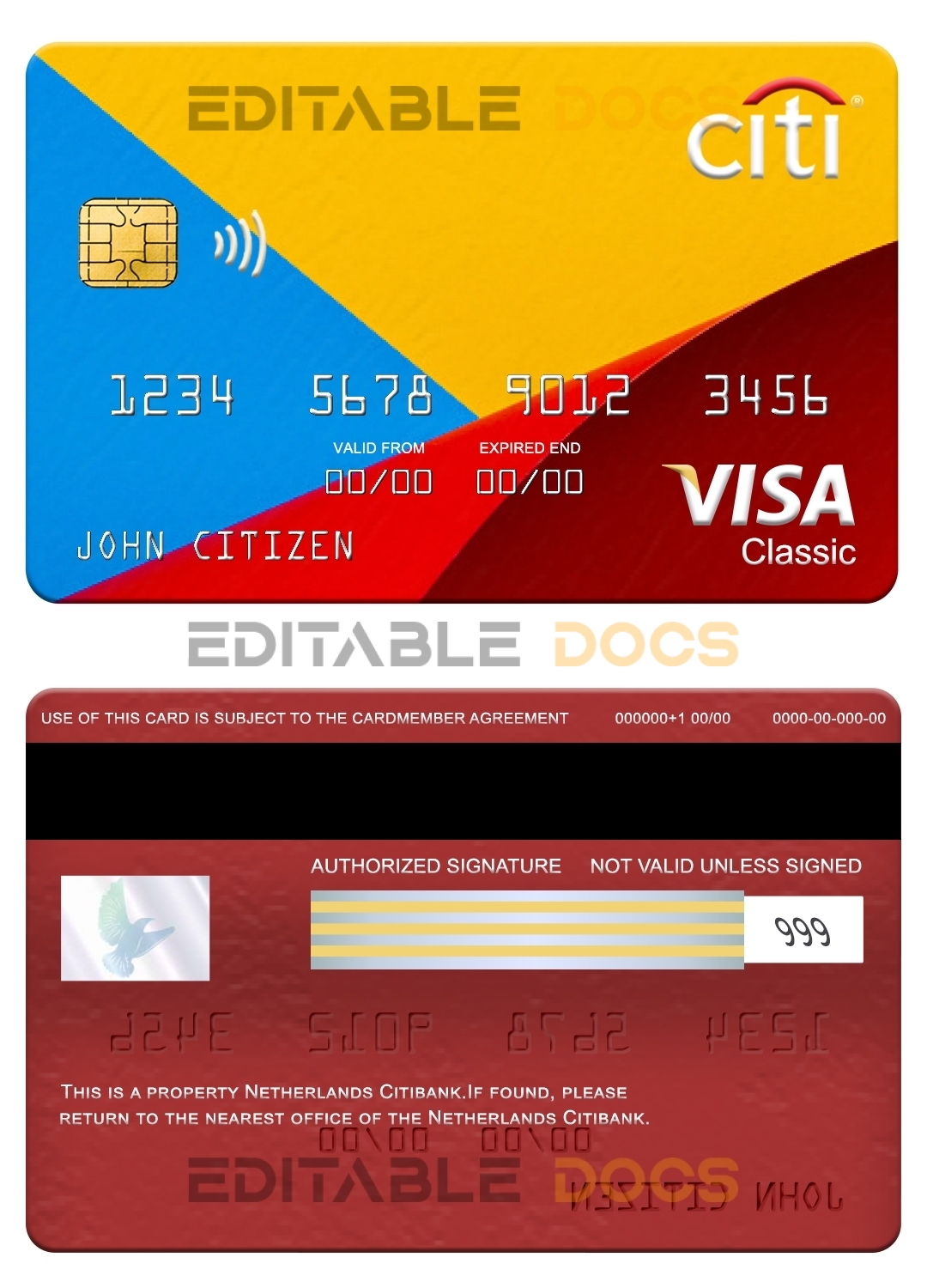Editable Netherlands Citibank visa classic card Templates in PSD Format
