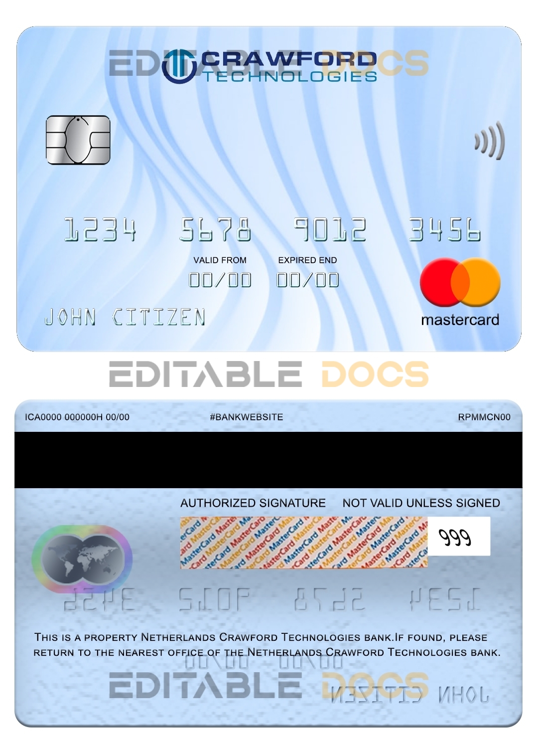 Fillable Netherlands (Holland) Crawford Technologies bank mastercard Templates | Layer-Based PSD