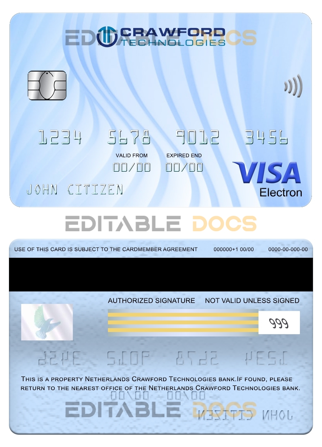 Editable Netherlands (Holland) Crawford Technologies bank visa electron card Templates in PSD Format
