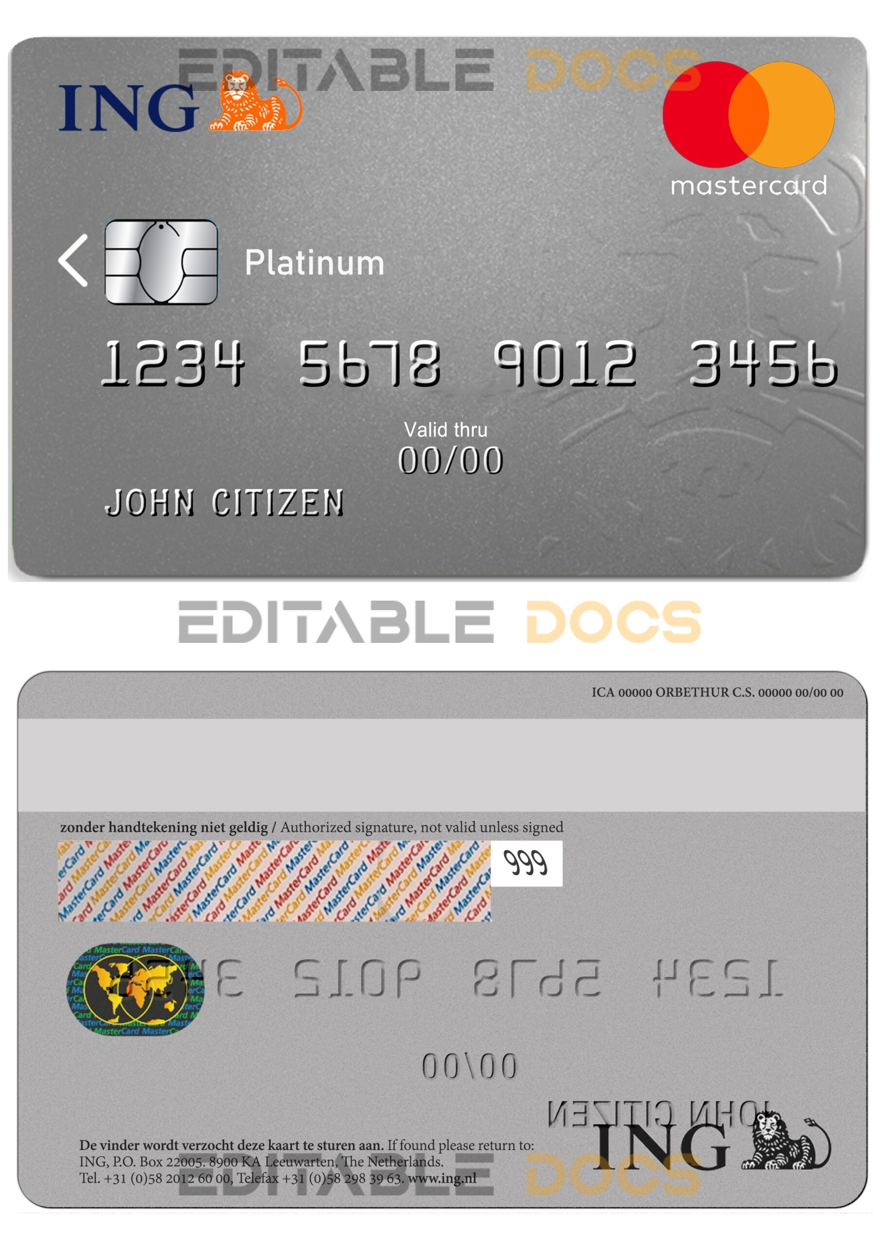 Fillable Netherlands ING Bank mastercard Templates | Layer-Based PSD