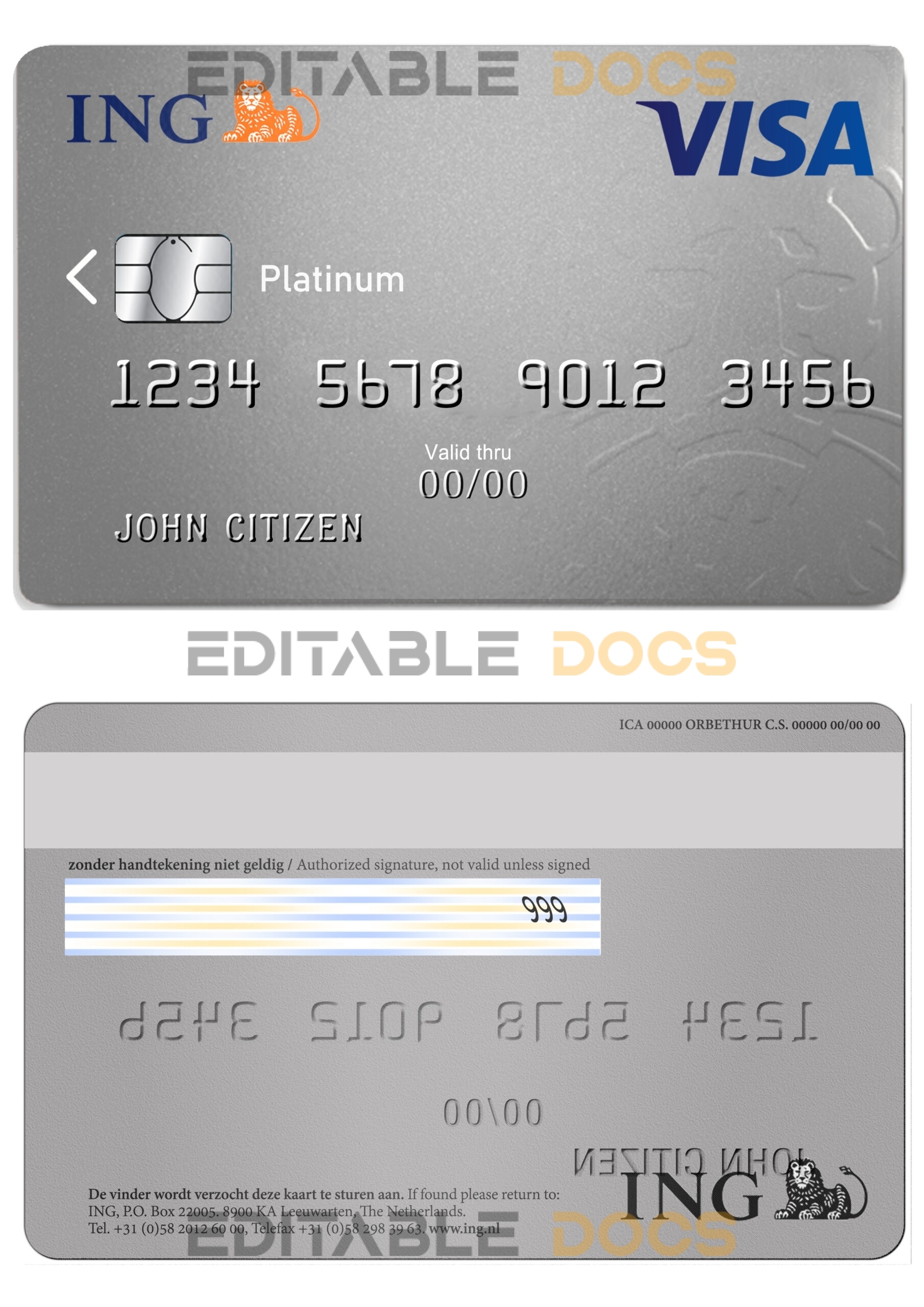 Editable Netherlands ING Bank visa card Templates in PSD Format