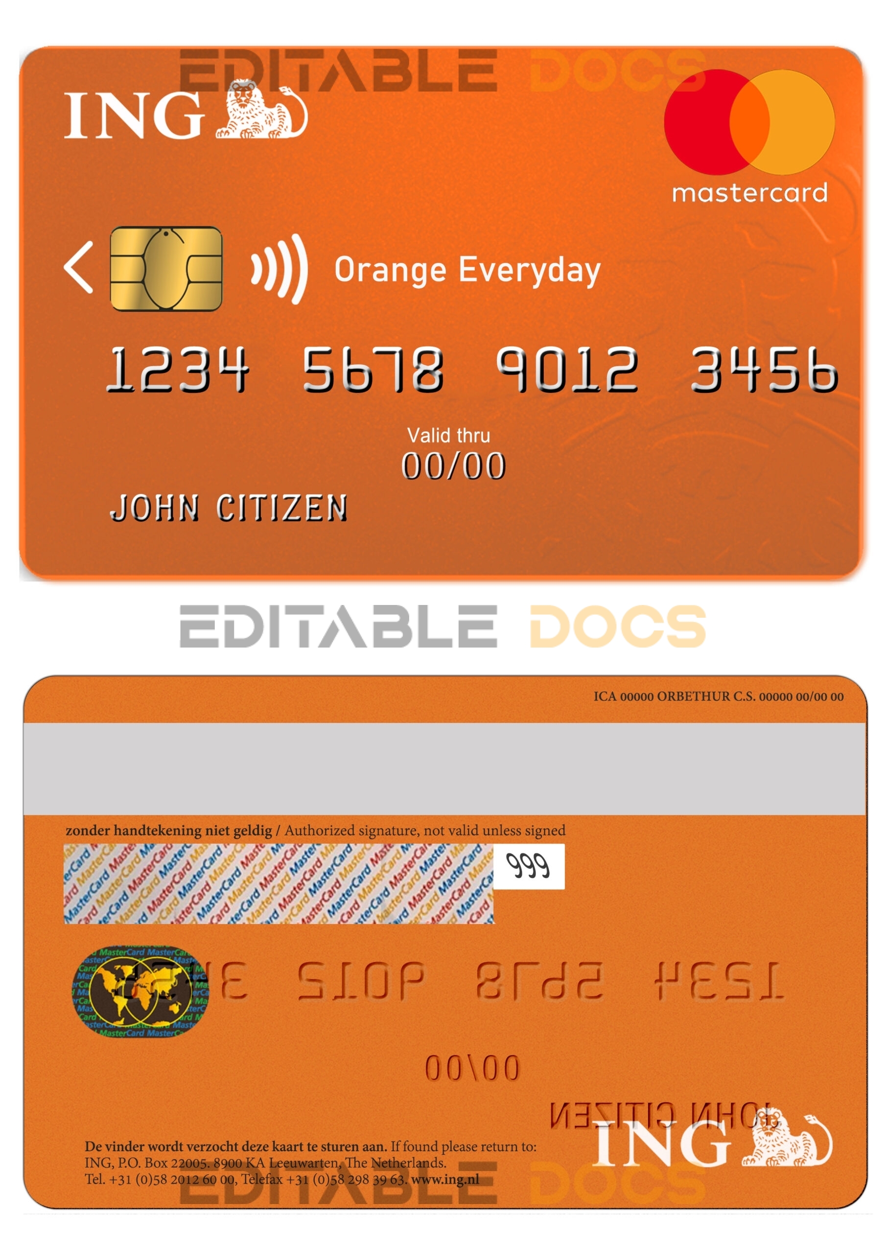 Fillable Netherlands ING Orange mastercard Templates | Layer-Based PSD