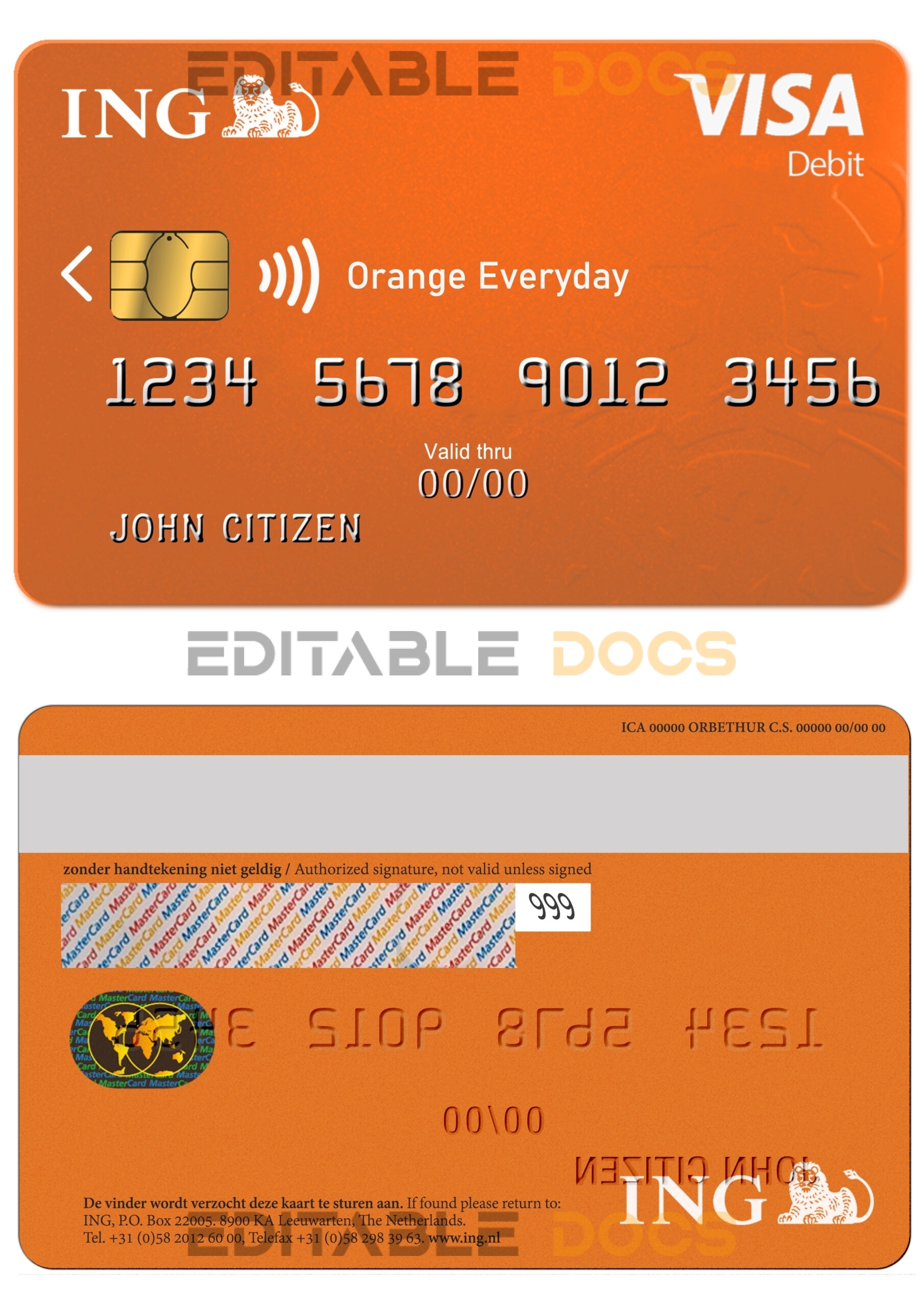Editable Netherlands ING Orange visa card Templates in PSD Format