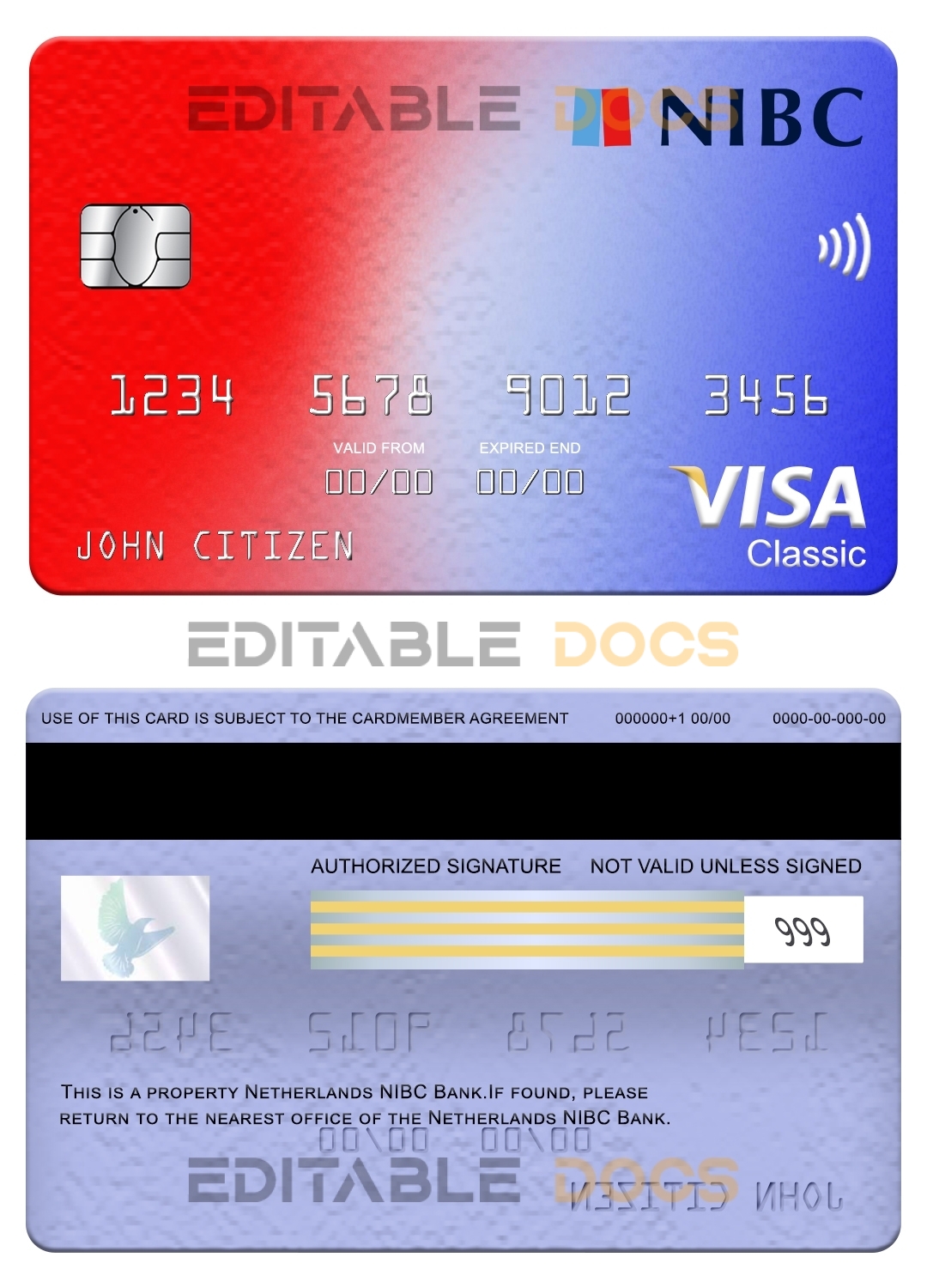 Editable Netherlands NIBC bank visa classic card Templates in PSD Format