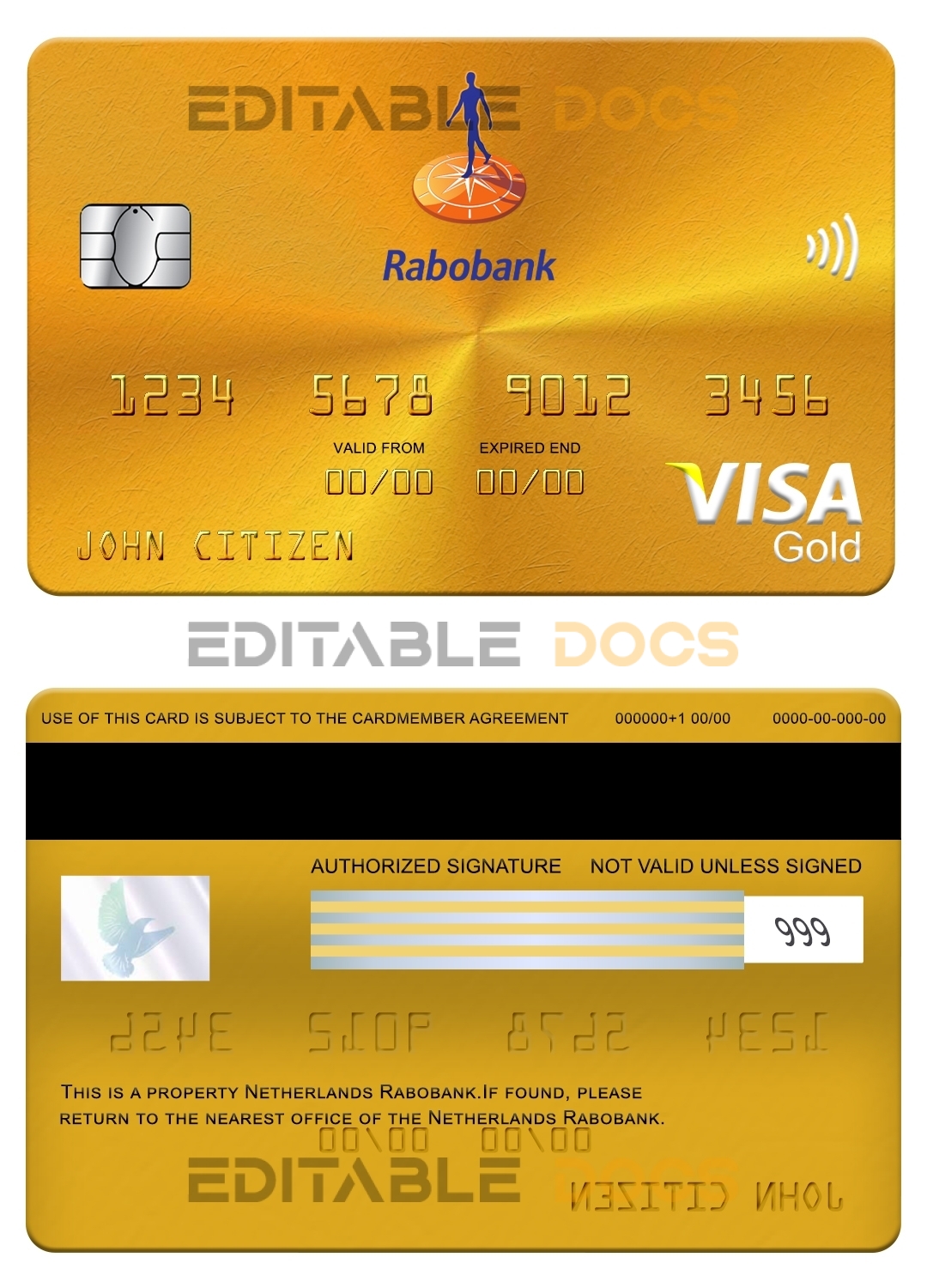 Editable Netherlands Rabobank visa gold card Templates in PSD Format
