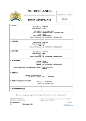 Netherlands vital record birth certificate Word and PDF template, completely editable