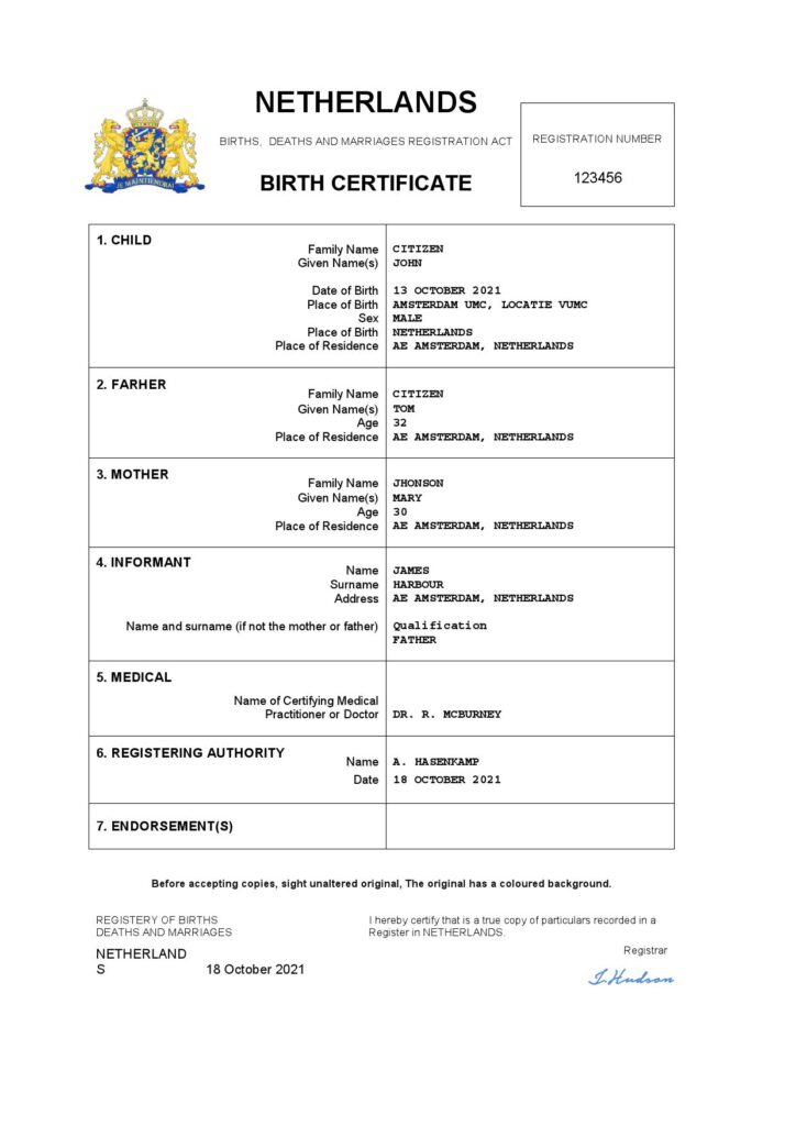 Netherlands vital record birth certificate Word and PDF template, completely editable