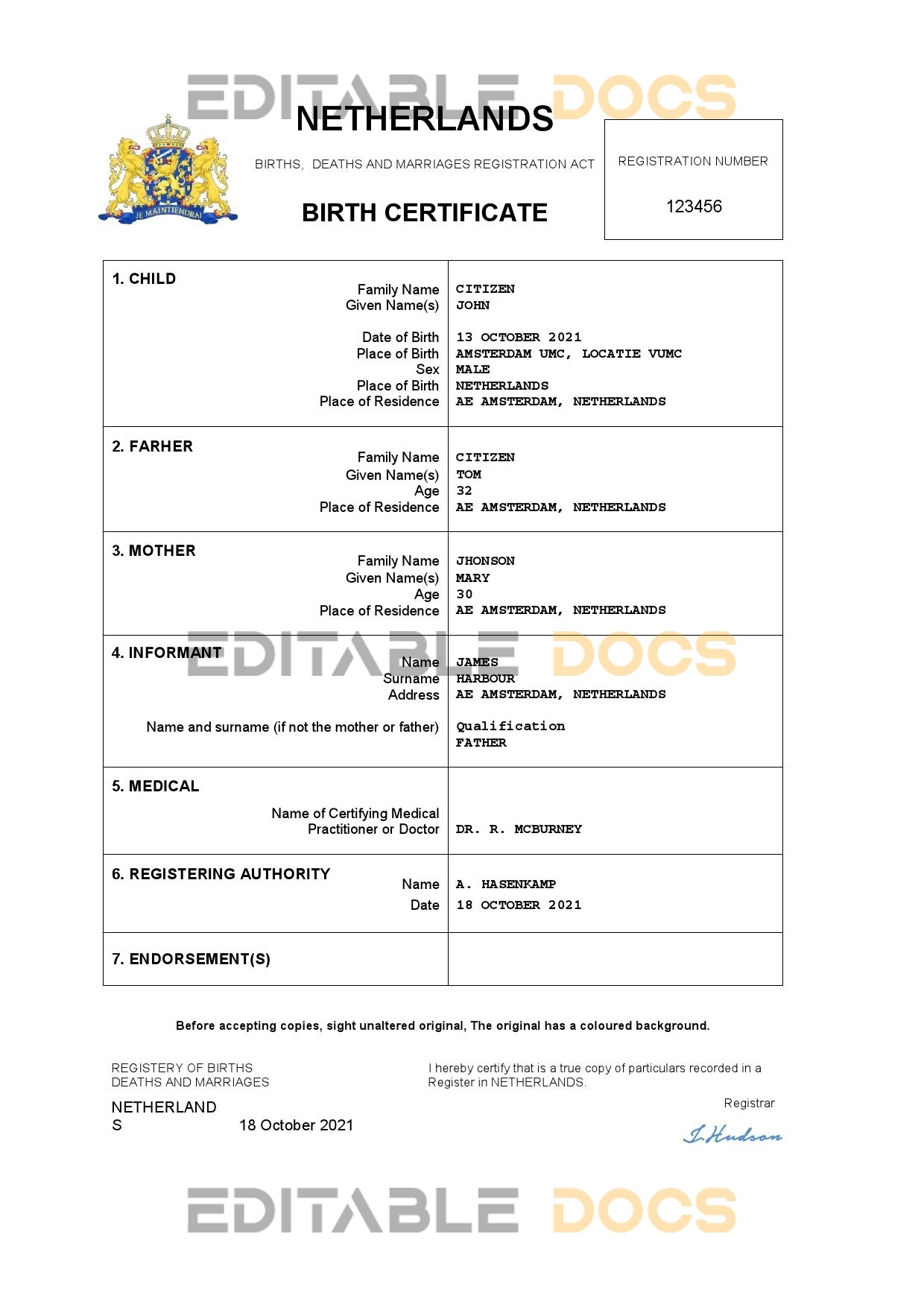 Authentic Netherlands vital record Birth Certificate Template | Customize and Download Online