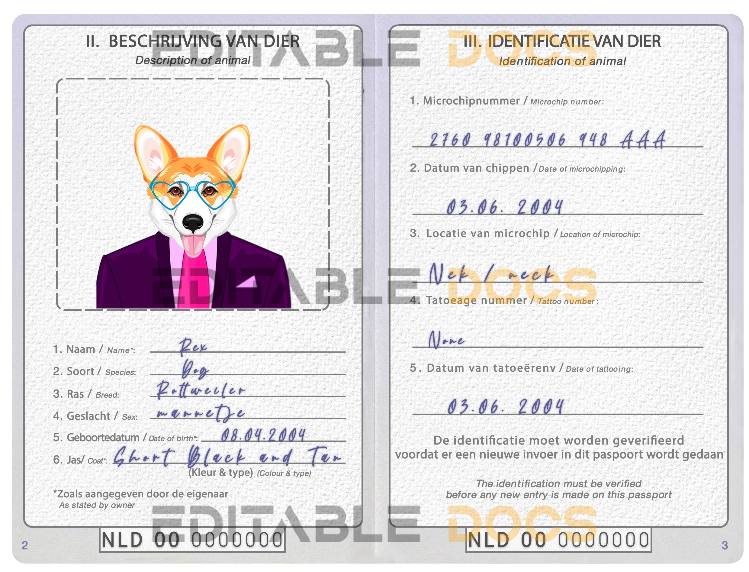 Netherlands dog Fake PSD Passport | Instant Download