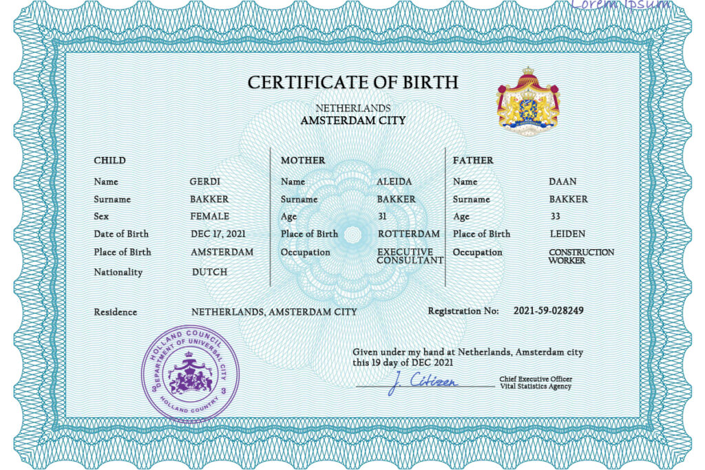 Authentic Netherlands Birth Certificate Template | Customize and Download Online
