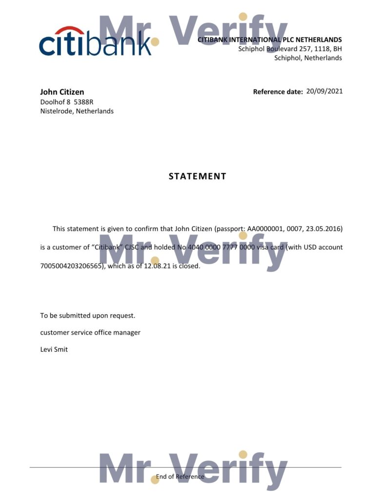Download Netherlands Citibank Bank Reference Letter Templates Editable Word