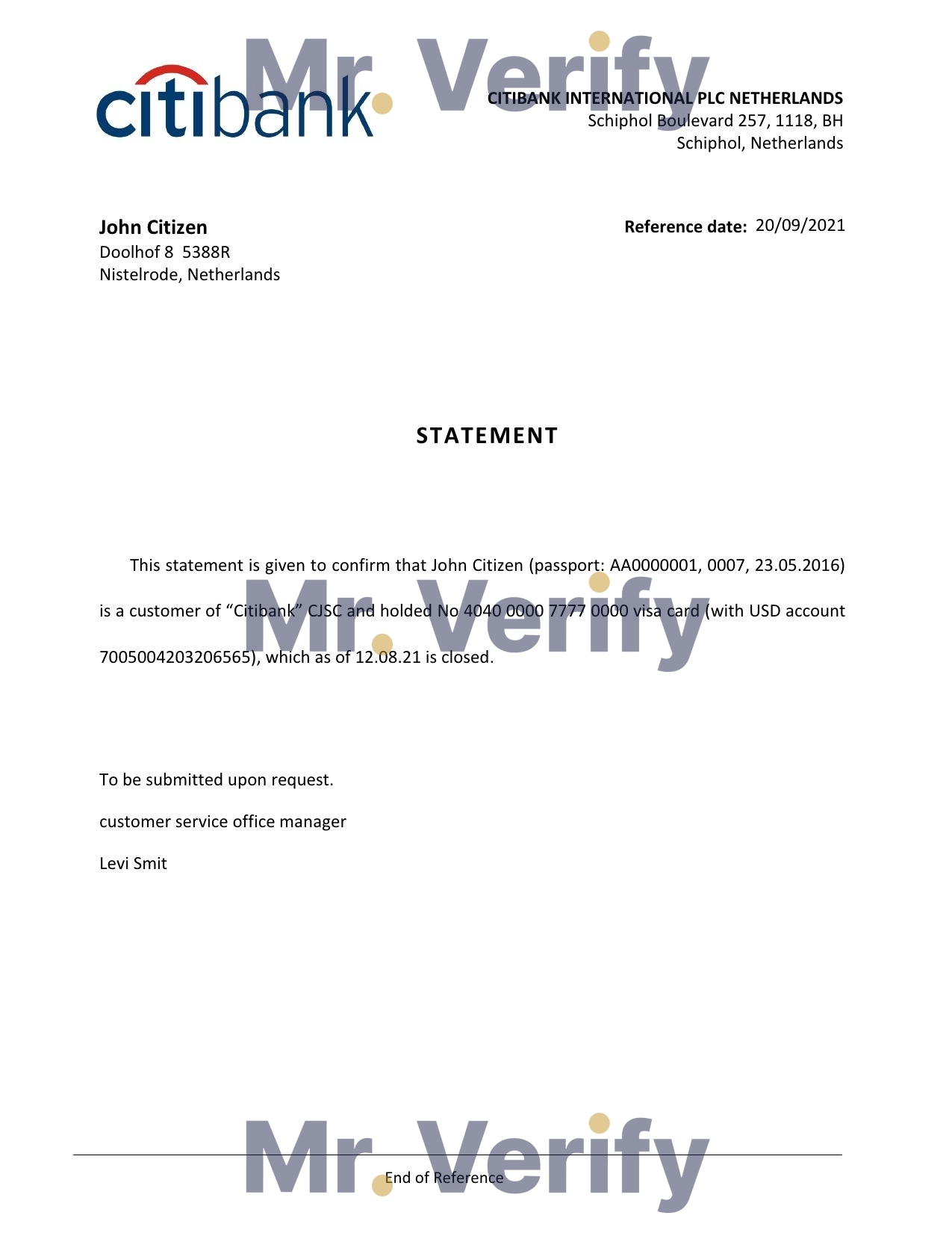 Download Netherlands Citibank Bank Reference Letter Templates | Editable Word
