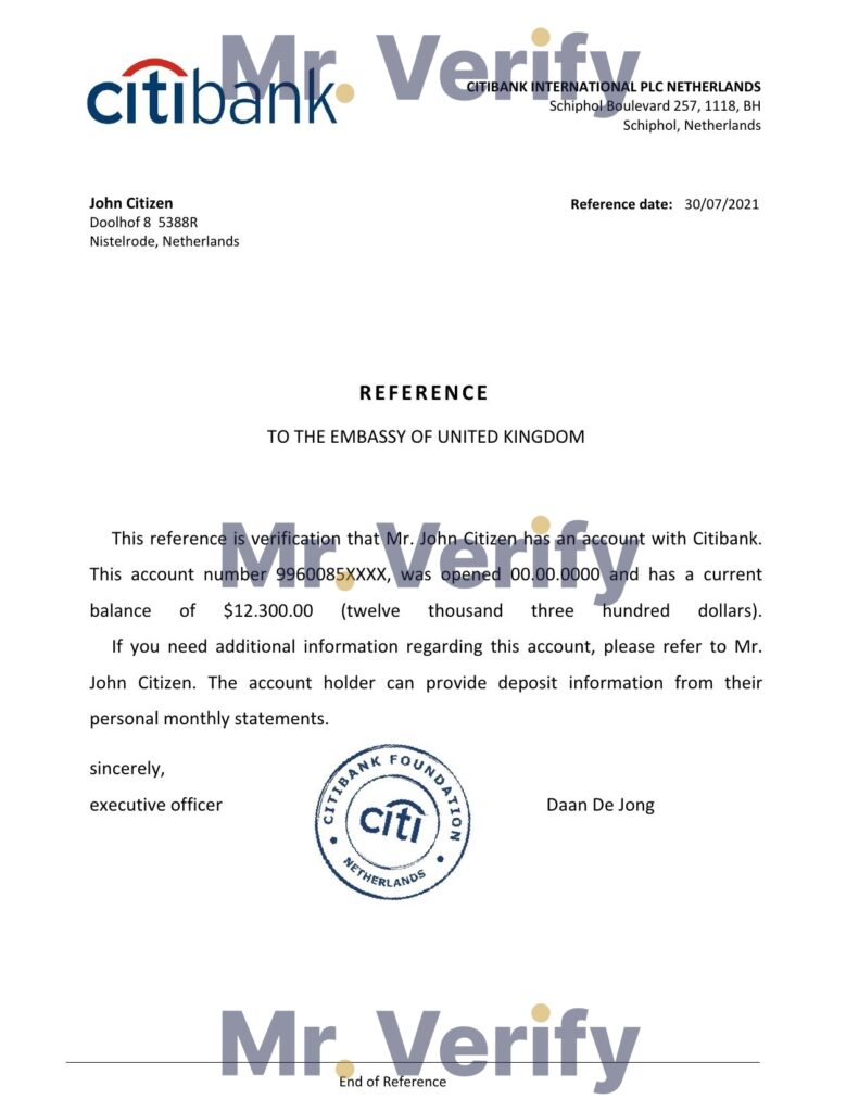 Download Netherlands Citibank Bank Reference Letter Templates | Editable Word