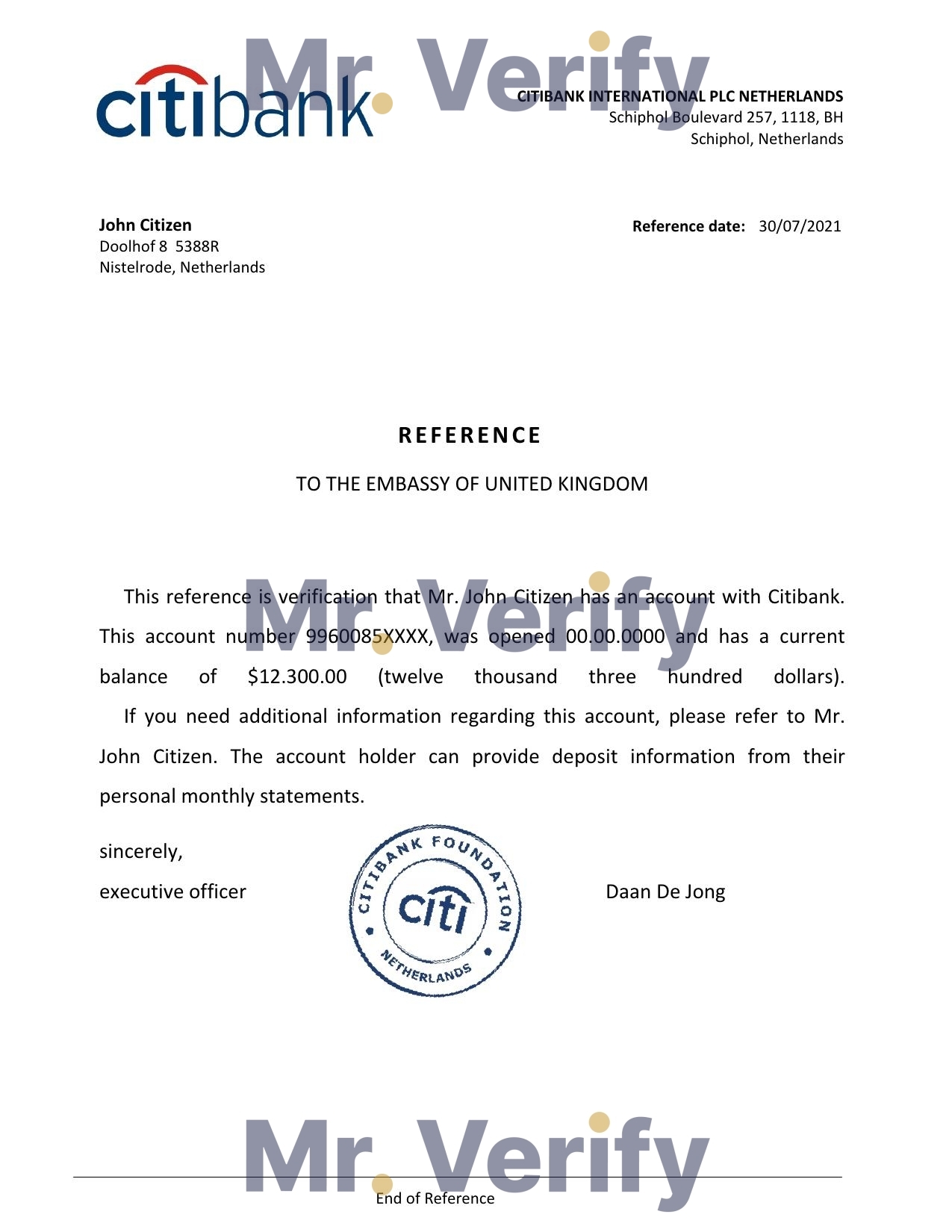 Download Netherlands Citibank Bank Reference Letter Templates | Editable Word
