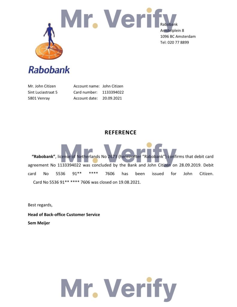 Download Netherlands Rabobank Bank Reference Letter Templates Editable Word