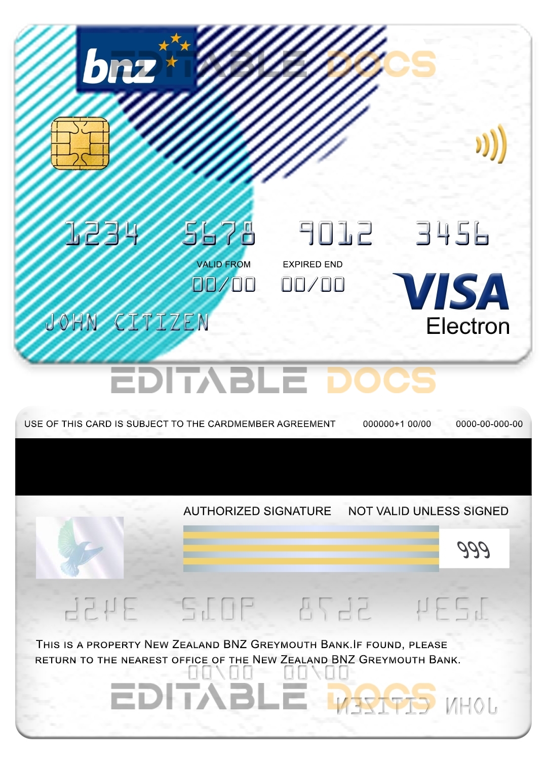 Fillable New Zealand BNZ Greymouth bank visa electron card Templates | Layer-Based PSD