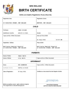 New Zealand birth certificate Word and PDF template, completely editable