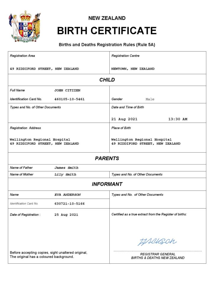 New Zealand birth certificate Word and PDF template, completely editable