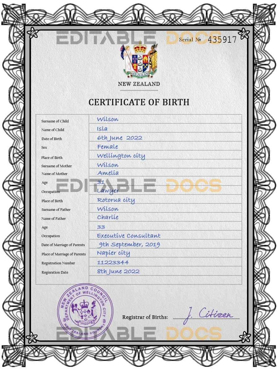Authentic New Zealand Birth Certificate Template | Customize and Download Online