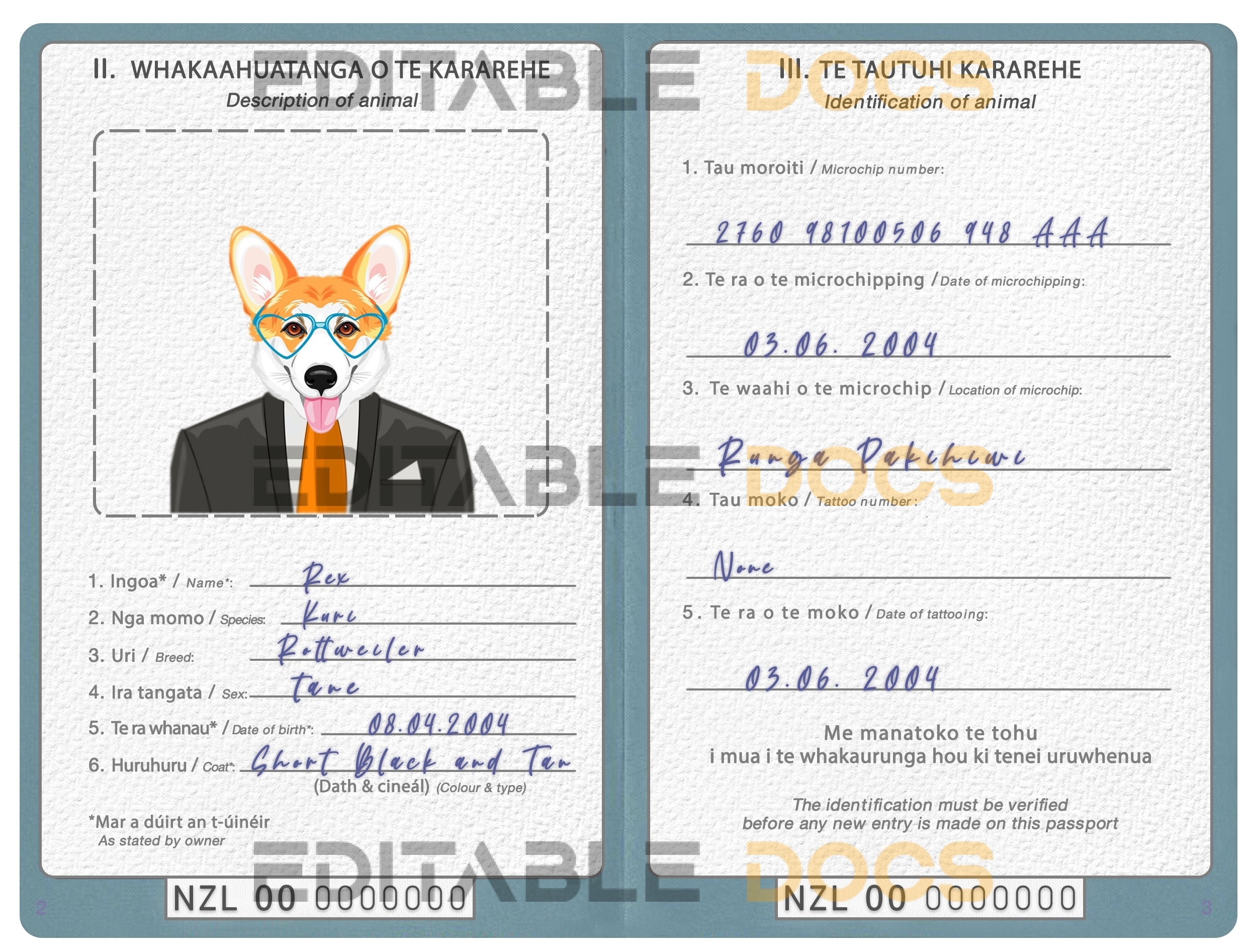 New Zealand dog Fake PSD Passport | Instant Download