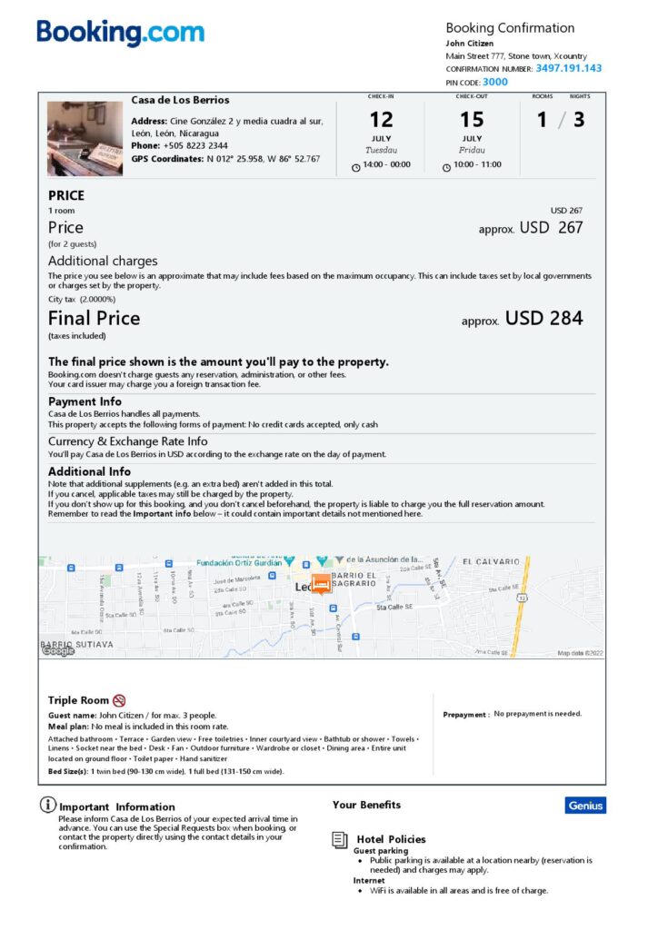 Editable Nicaragua Hotel Booking Form Template | Fillable PDF