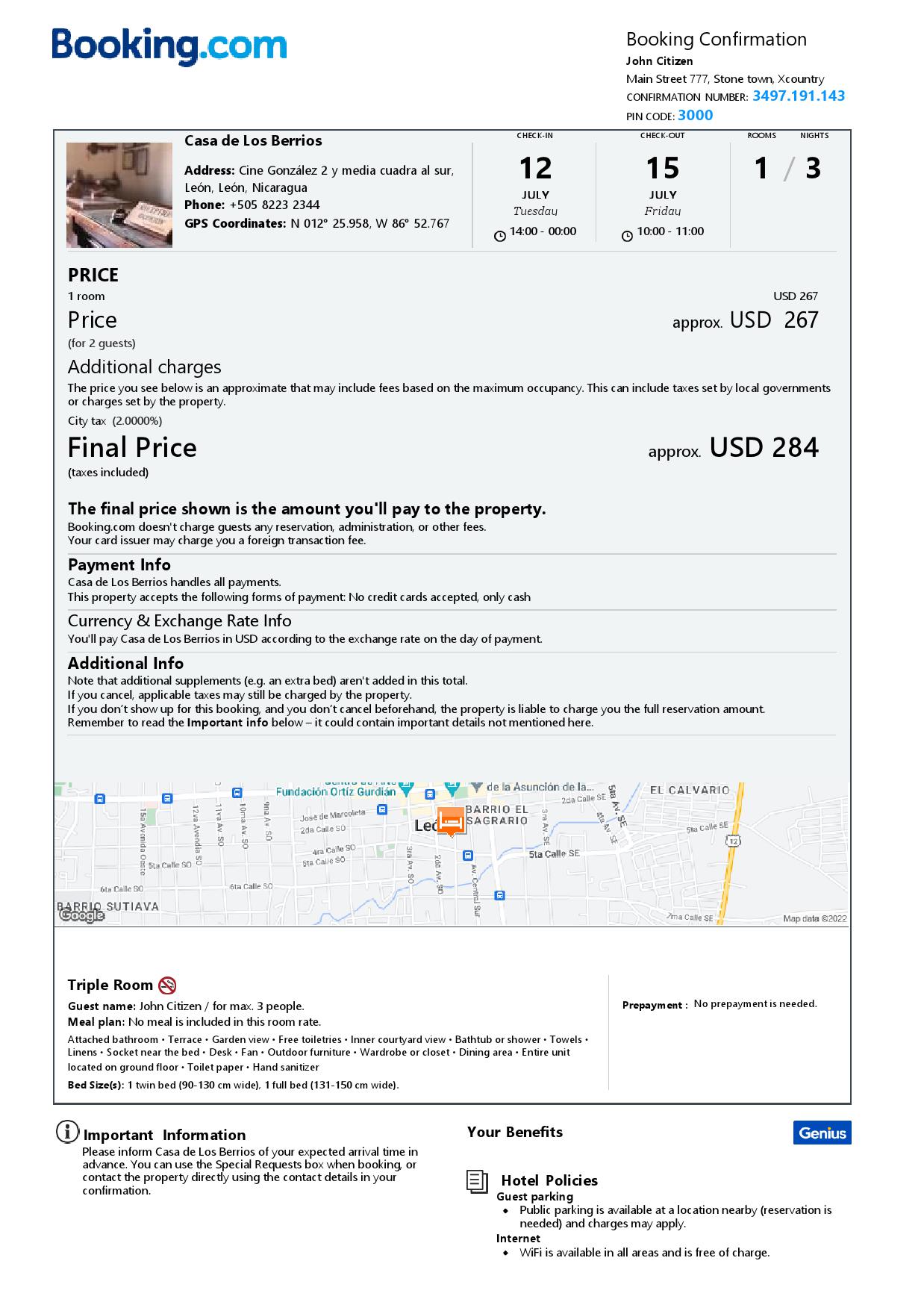 Editable Nicaragua Hotel Booking Form Template | Fillable PDF