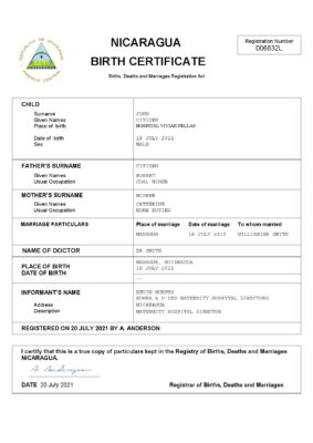 Nicaragua vital record birth certificate Word and PDF template, completely editable