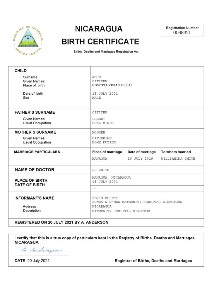 Nicaragua vital record birth certificate Word and PDF template, completely editable