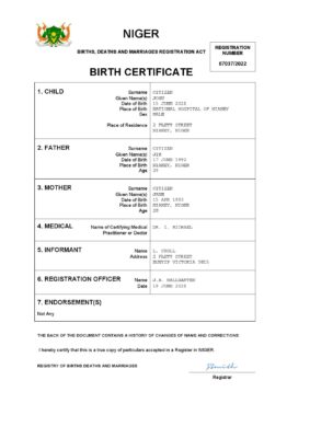 Niger birth certificate Word and PDF template, completely editable