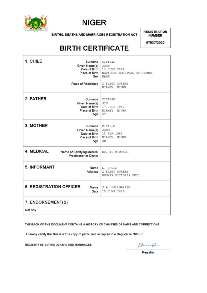 Niger birth certificate Word and PDF template, completely editable