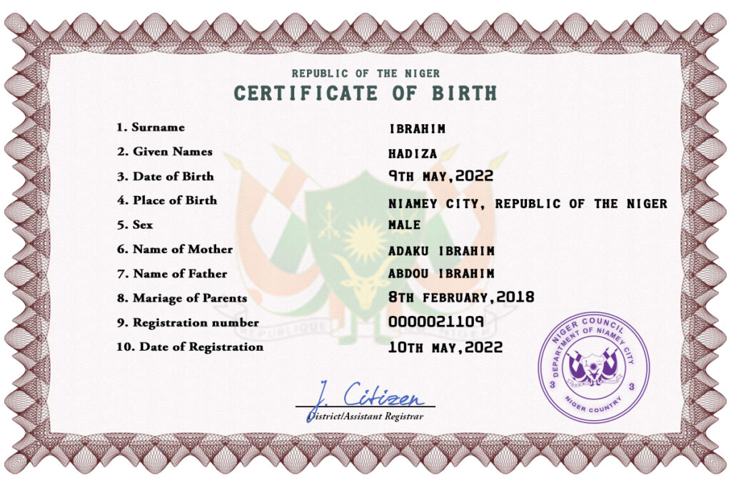 Niger vital record birth certificate PSD template