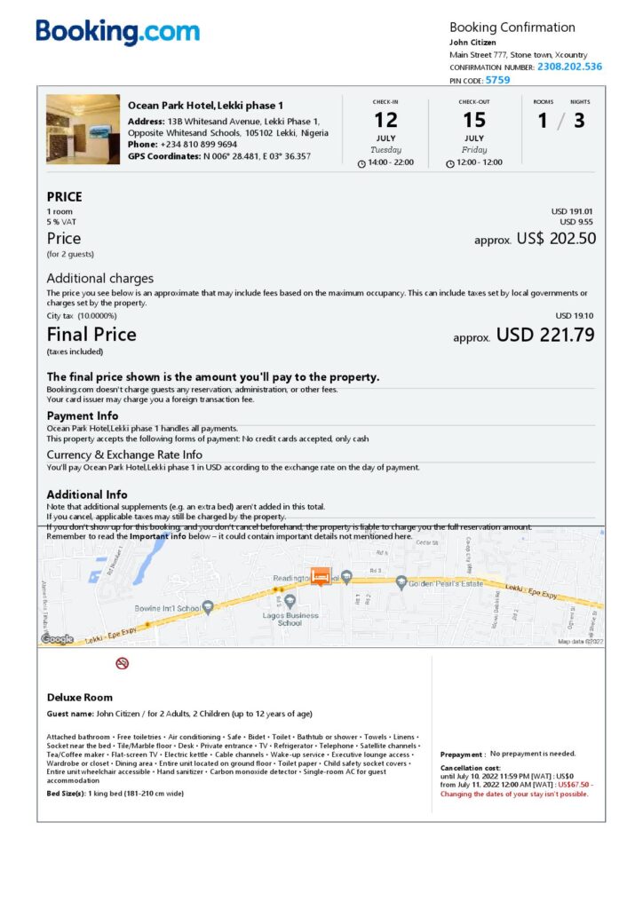 Editable Nigeria Hotel Booking Form Template | Fillable PDF