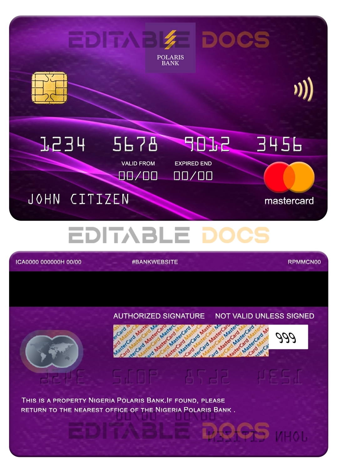 Editable Nigeria Polaris bank mastercard Templates in PSD Format