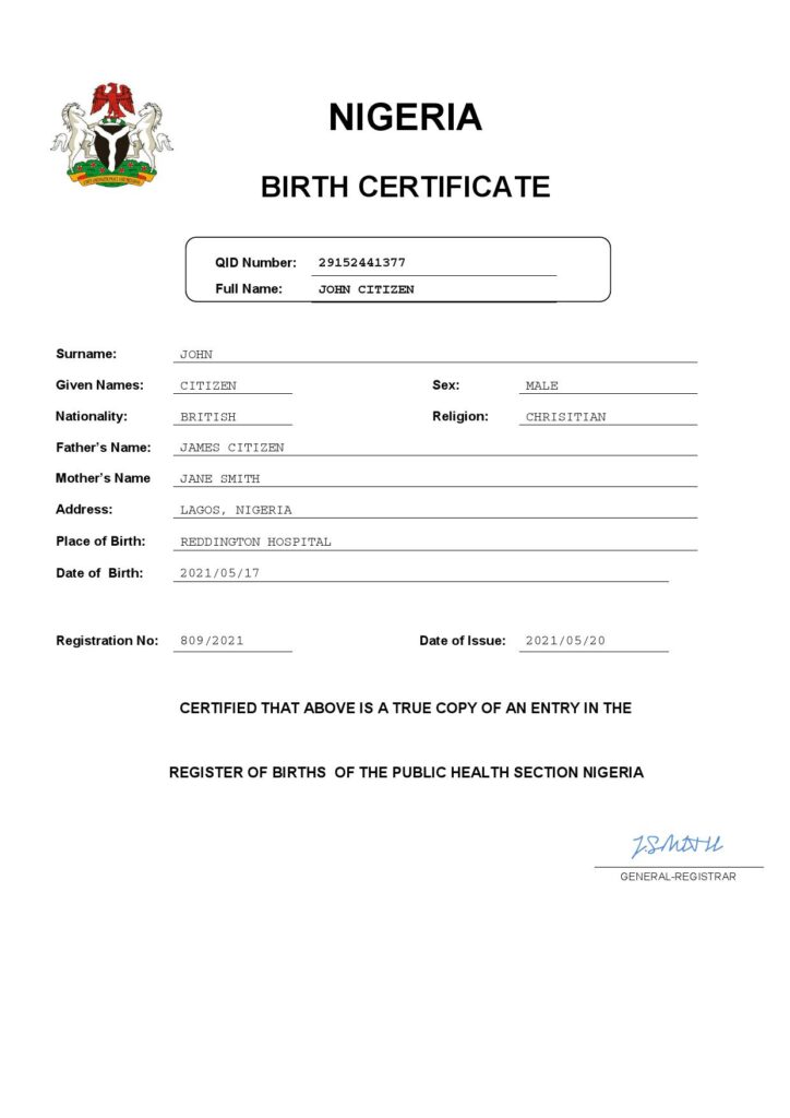 Nigeria vital record birth certificate Word and PDF template, completely editable