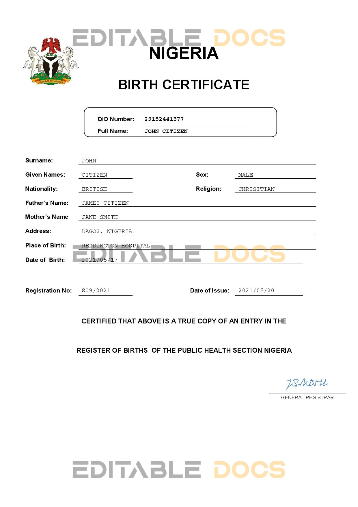 Authentic Nigeria Birth Certificate Template | Customize and Download Online