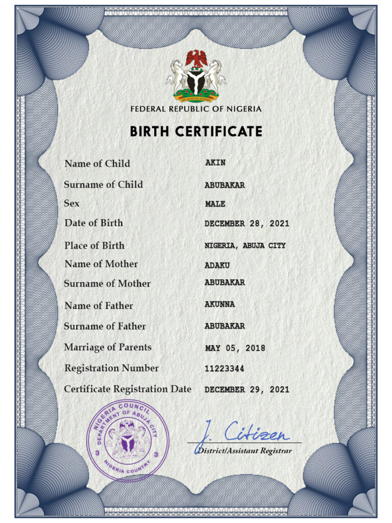 Authentic Nigeria Birth Certificate Template | Customize and Download Online