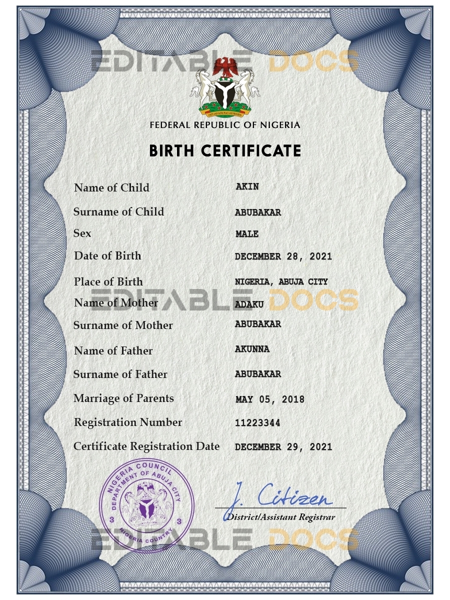 Authentic Nigeria Birth Certificate Template | Customize and Download Online