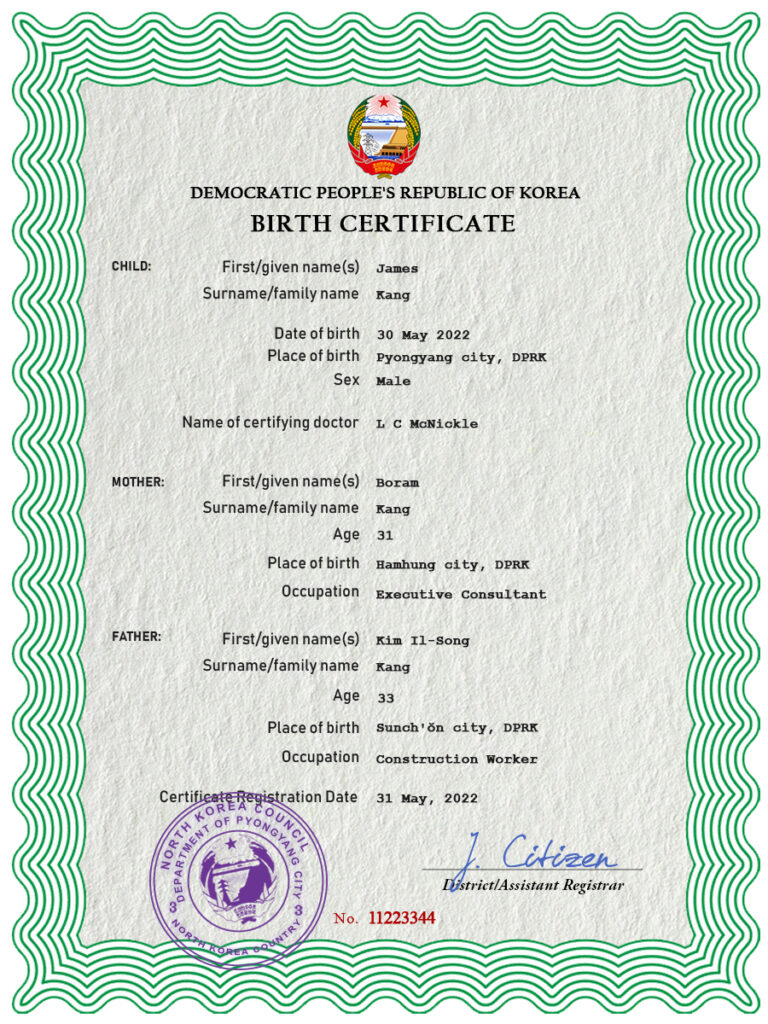 Authentic North Korea Birth Certificate Template | Customize and Download Online