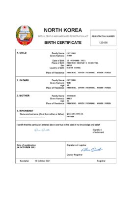 North Korea birth certificate Word and PDF template, completely editable
