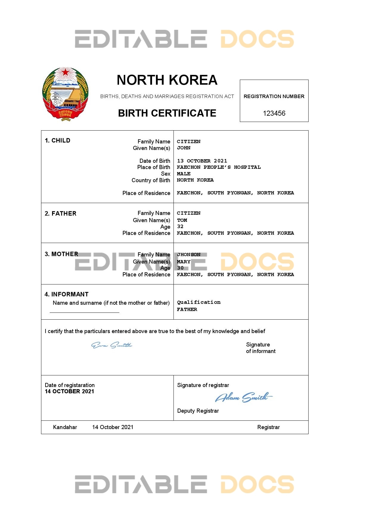 Authentic North Korea Birth Certificate Template | Customize and Download Online