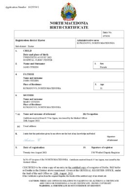 North Macedonia vital record birth certificate Word and PDF template, completely editable